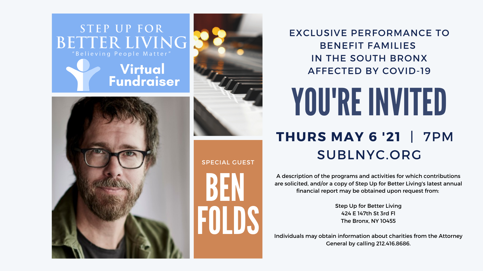 You’re Invited! Ben Folds To Perform At The SUBL Virtual Fundraiser!